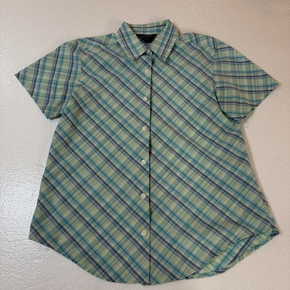 Van Heusen Women Blue Green Plaid Button Up Collared Short Sleeve Blouse Size M - Picture 2 of 6